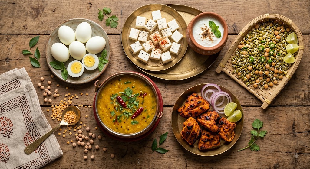 flat-lay of Indian protein sources — eggs, paneer, dal, curd, sprouts, chicken