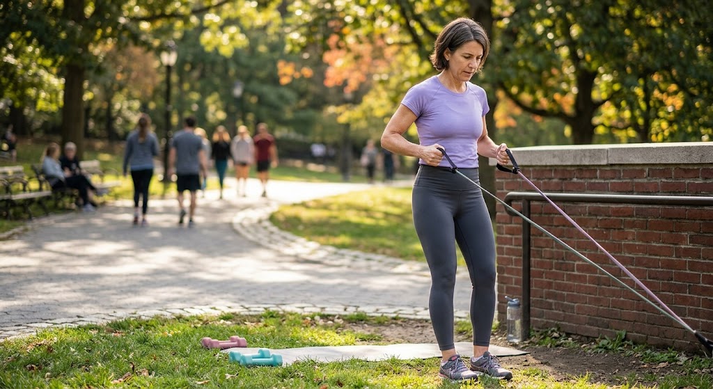 woman in their 40s walking or doing light strength training
