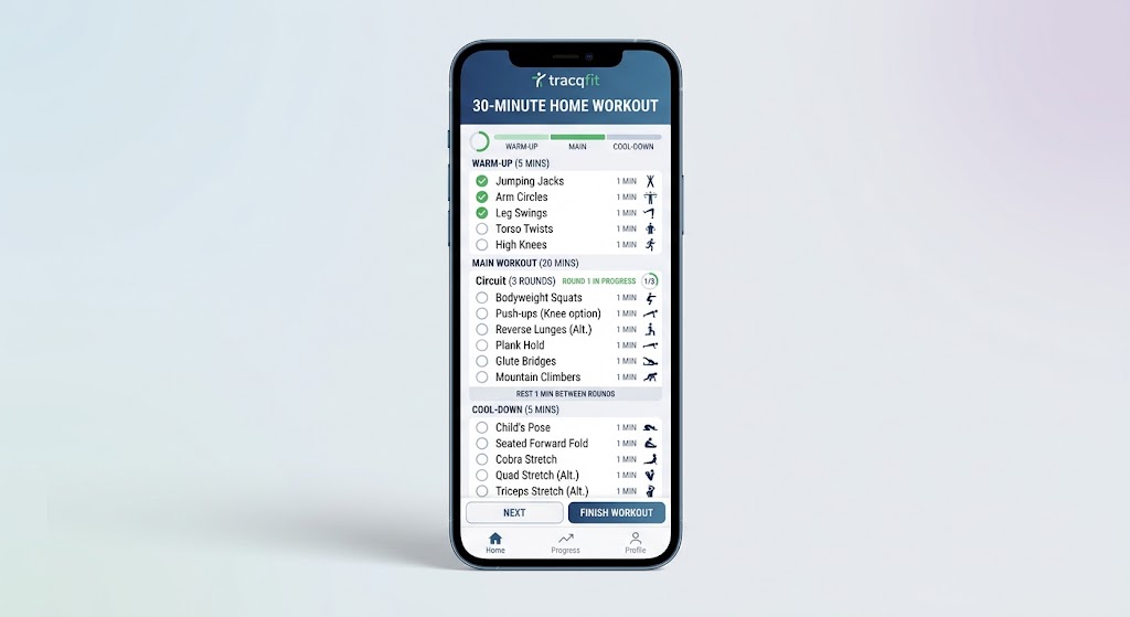 a simple 30-minute home workout laid out as a phone checklist screenshot style]