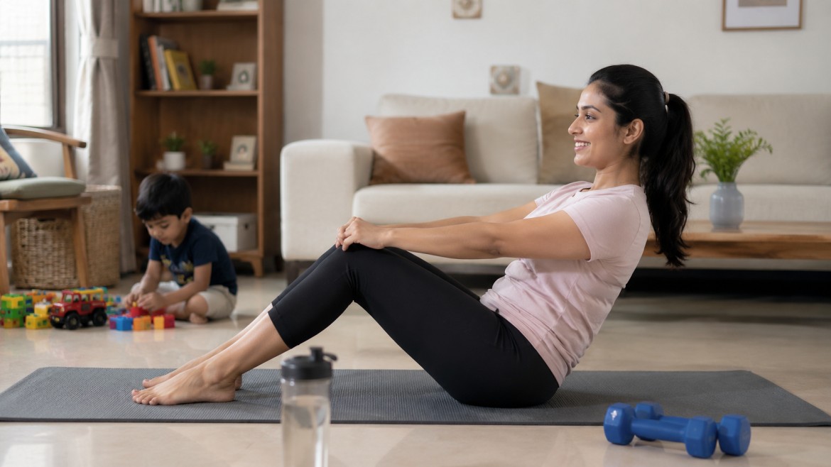 shot of an Indian mother in comfortable workout clothes exercising at home while her child plays nearby