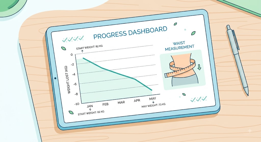 photo or simple graphic — measuring tape around a waist, or a weight graph with a flat scale but downward trend line