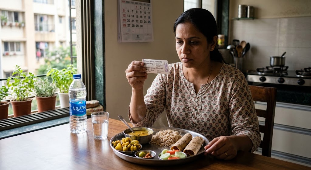 Indian woman checking a thyroid medication strip next to a home-cooked thali