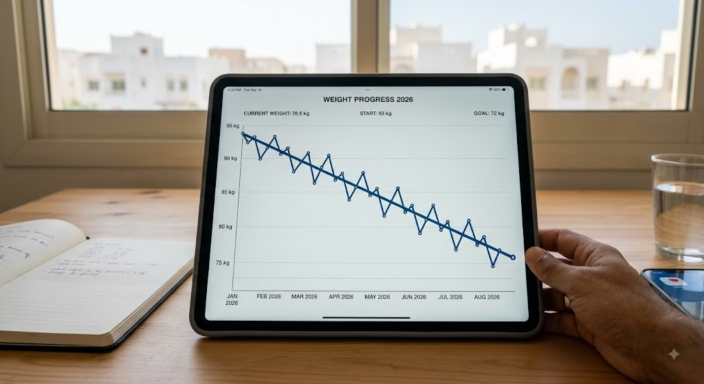 chart or photo showing a weight trend line going down with weekly zig-zags