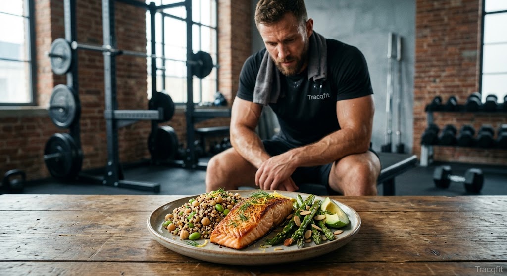 someone strength training, or a plate of high-protein food
