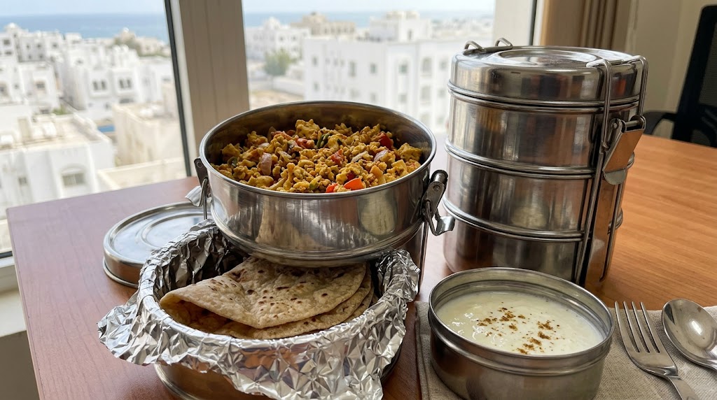 photo of a packed tiffin box — paneer bhurji, roti, curd