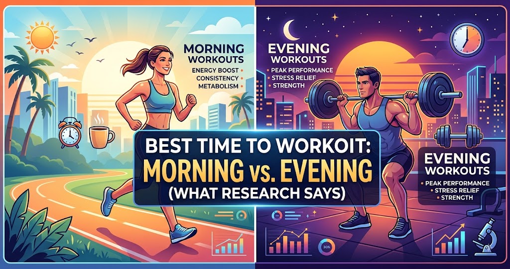 Split image showing a morning outdoor workout and an evening gym session