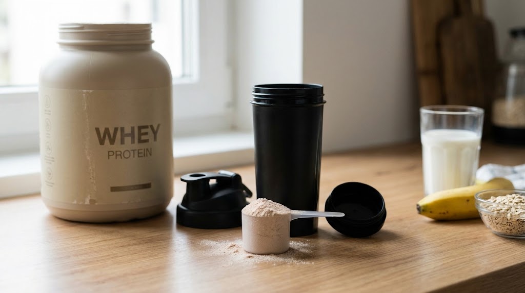 scoop of whey protein powder going into a shaker bottle