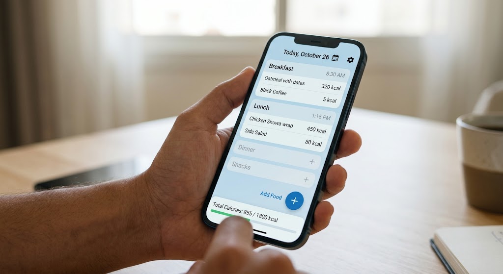 simple food diary or tracking app screen, phone in hand
