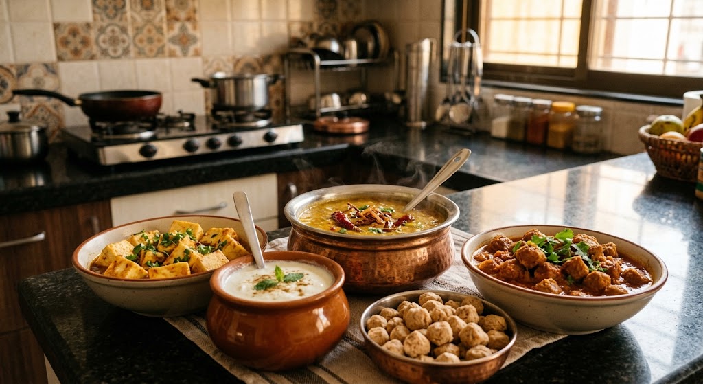 home spread of paneer, dal, curd, and soya chunks on a kitchen counter