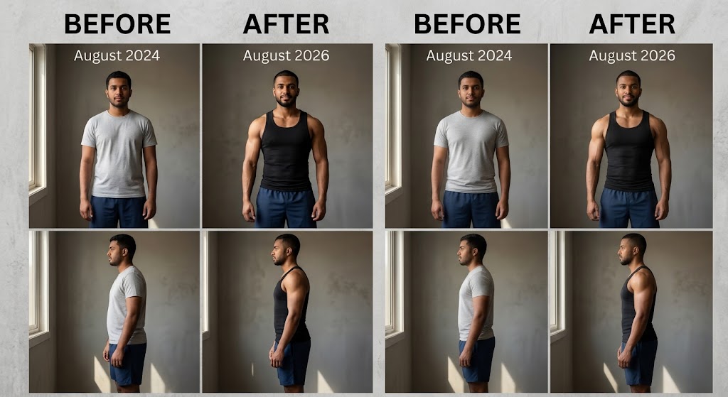 before/after progress photo grid, side lighting, plain background