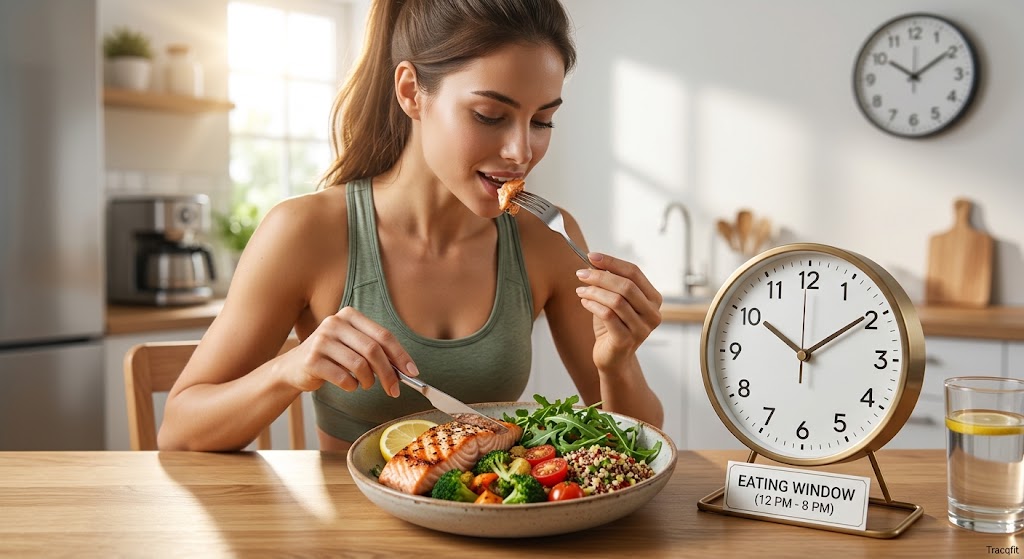 hero shot — clock next to a healthy meal, or a person eating within their window