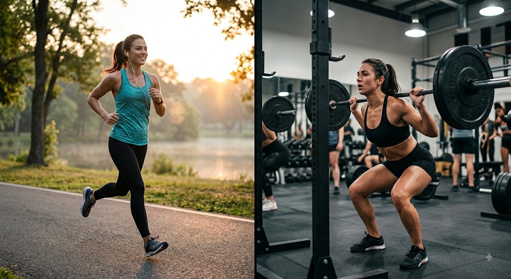 hero shot — split image: morning outdoor workout vs evening gym session