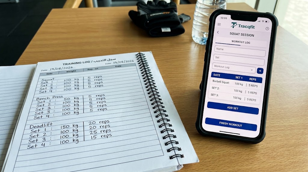 training log notebook or phone app screen with weight/reps tracked