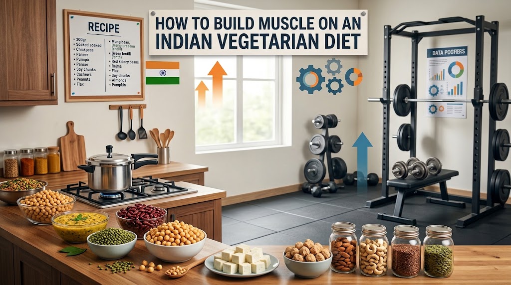 Vegetarian high-protein Indian foods including paneer, soya chunks, curd and dal
