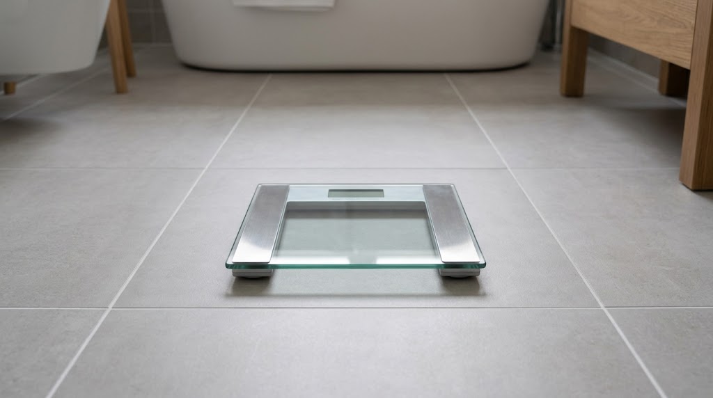 bathroom scale on a bathroom floor, neutral lighting