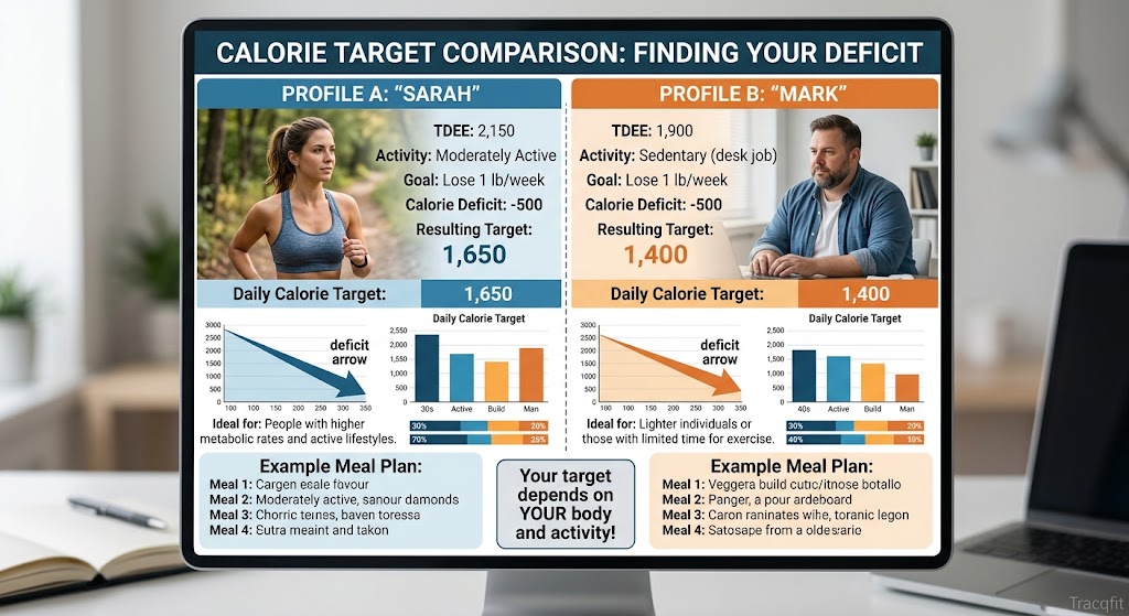 comparison graphic showing two different people's calorie targets