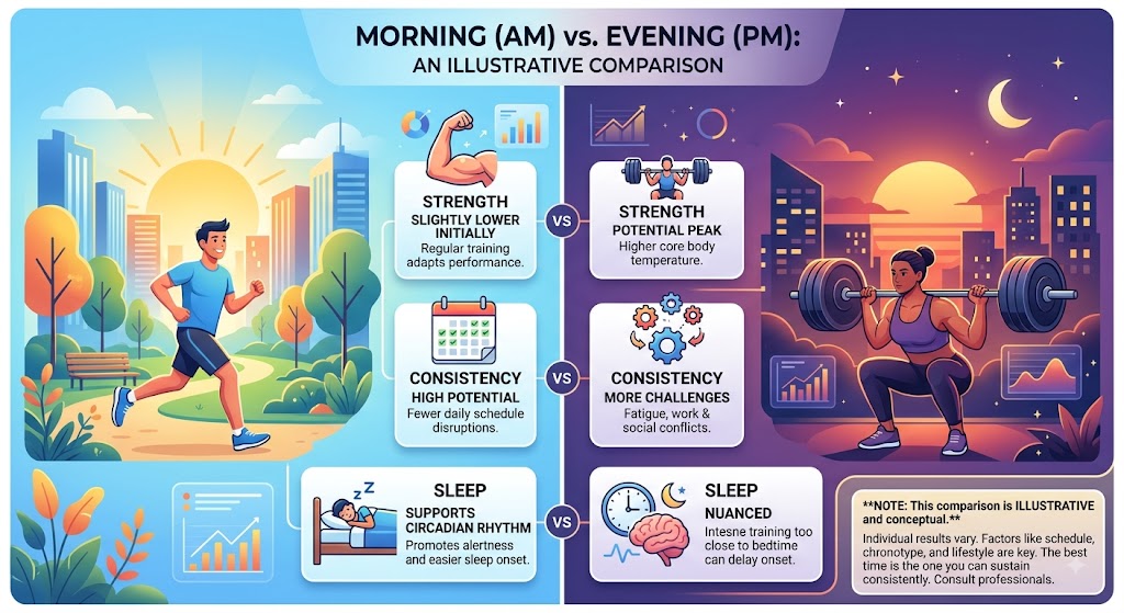 chart or graphic comparing morning vs evening across strength, consistency, sleep
