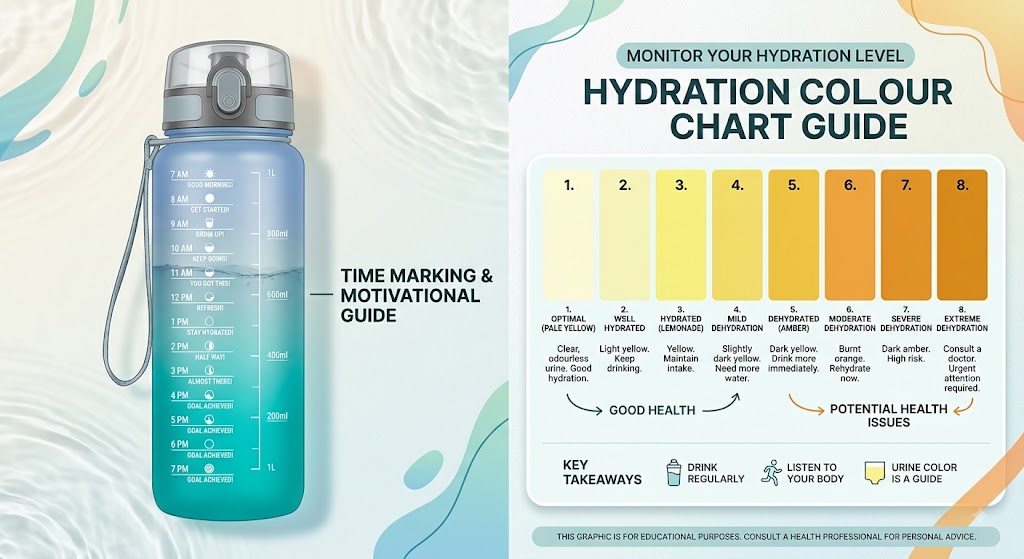 hydration colour chart graphic, or a water bottle with time markings