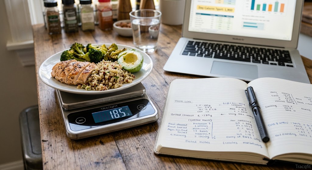 food scale with a notebook, or a plate being weighed