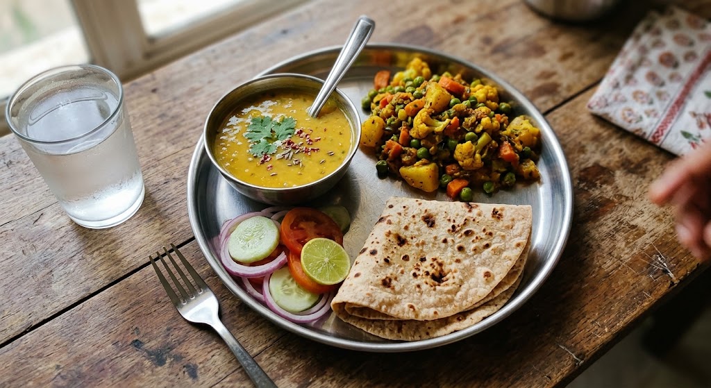 simple thali plate — dal, sabzi, roti, salad — styled for a phone photo
