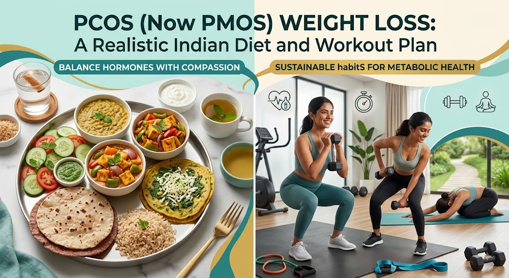 Healthy PCOS-friendly Indian meal with dal, vegetables, curd and salad