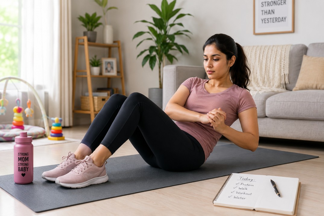 Mother performing beginner core exercises at home
