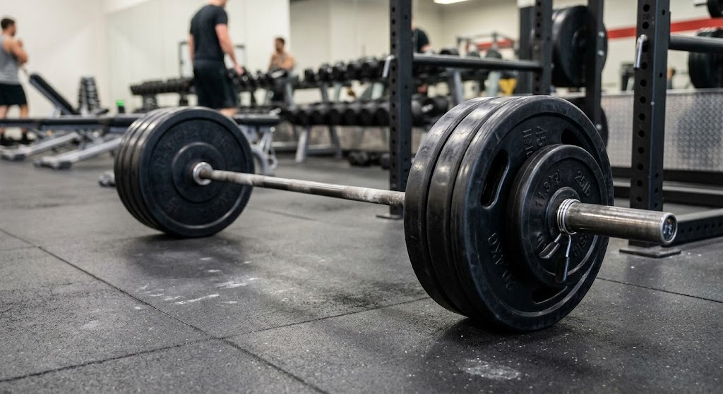 barbell with visibly added weight plates, gym floor background