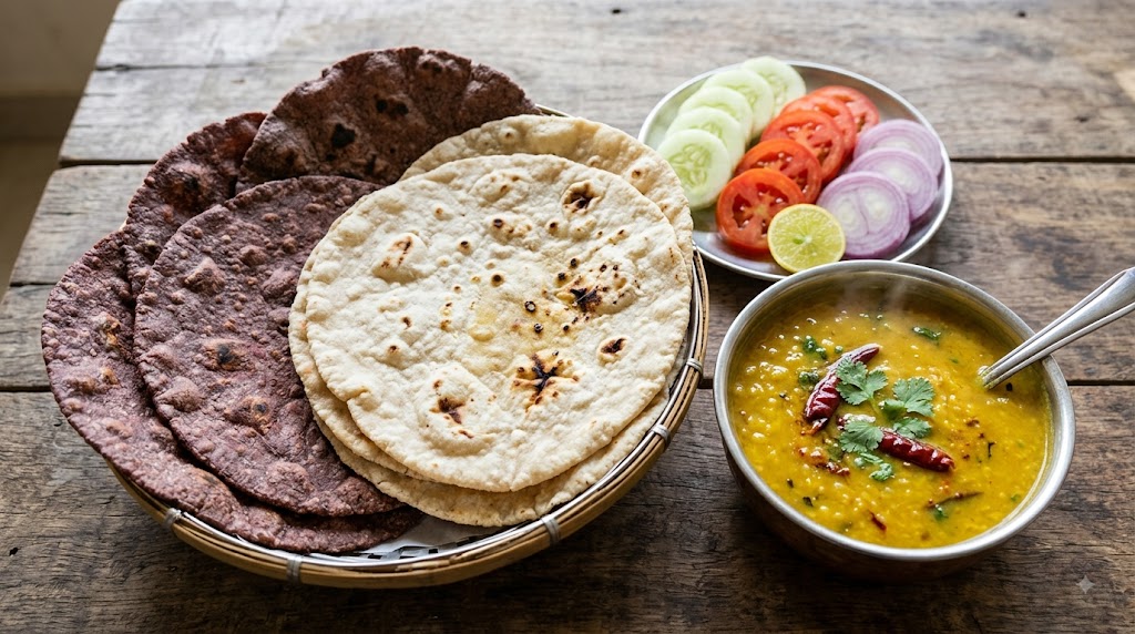 photo of millet rotis (ragi/jowar) next to a bowl of dal and salad