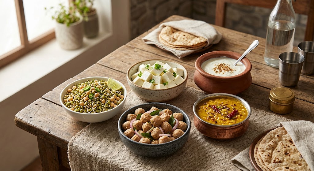 hero shot — paneer, curd, dal, soya chunks, sprouts arranged on a table