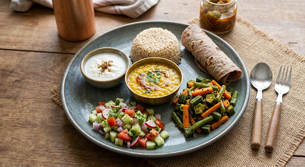 hero shot — a PCOS-friendly Indian plate: dal, vegetables, curd, salad, small portion of rice