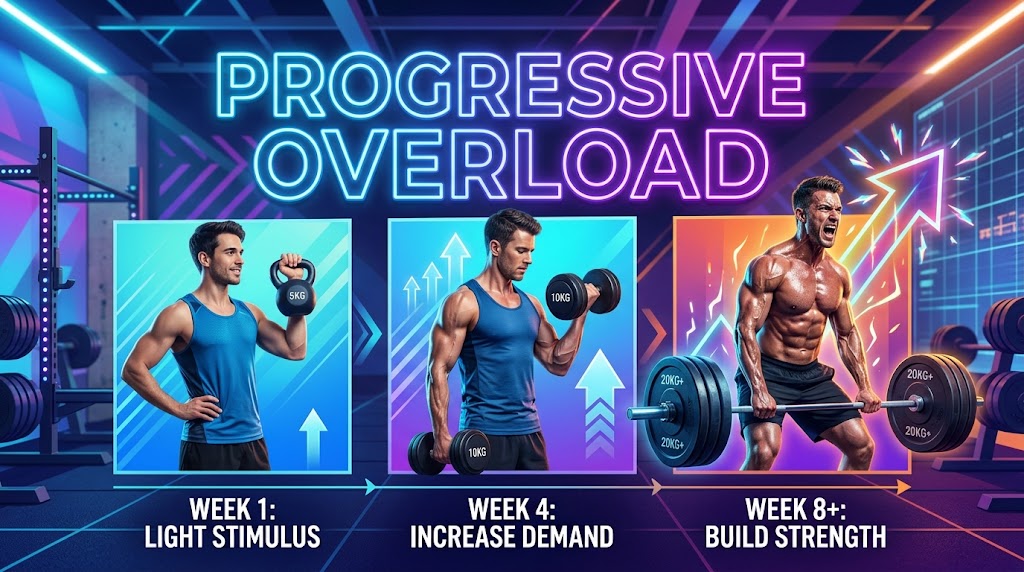 Barbell loaded with weight plates on a gym floor for a progressive overload guide