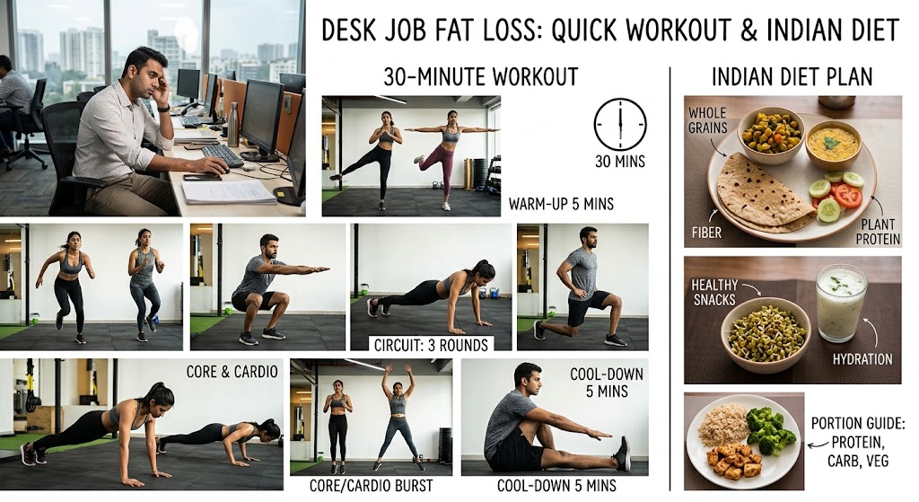 Work from home desk with laptop, tiffin box and a resistance band for a desk job workout