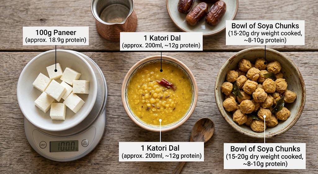 close-up of measured portions — 100g paneer, a katori of dal, a bowl of soya chunks, with labels