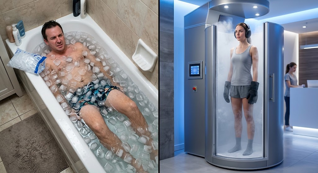 Ice bath at home versus a studio cryotherapy chamber