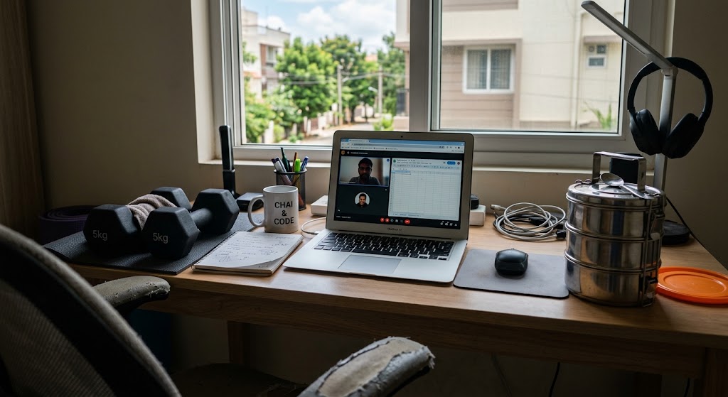  laptop, tiffin box, and a pair of dumbbells on a work-from-home desk