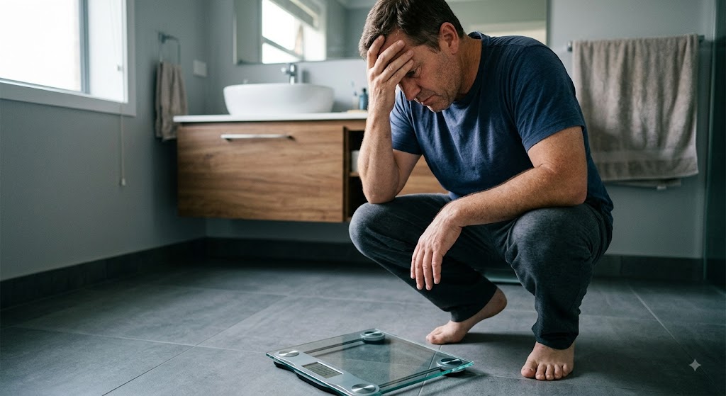 hero shot — weighing scale, or a frustrated person looking at a scale