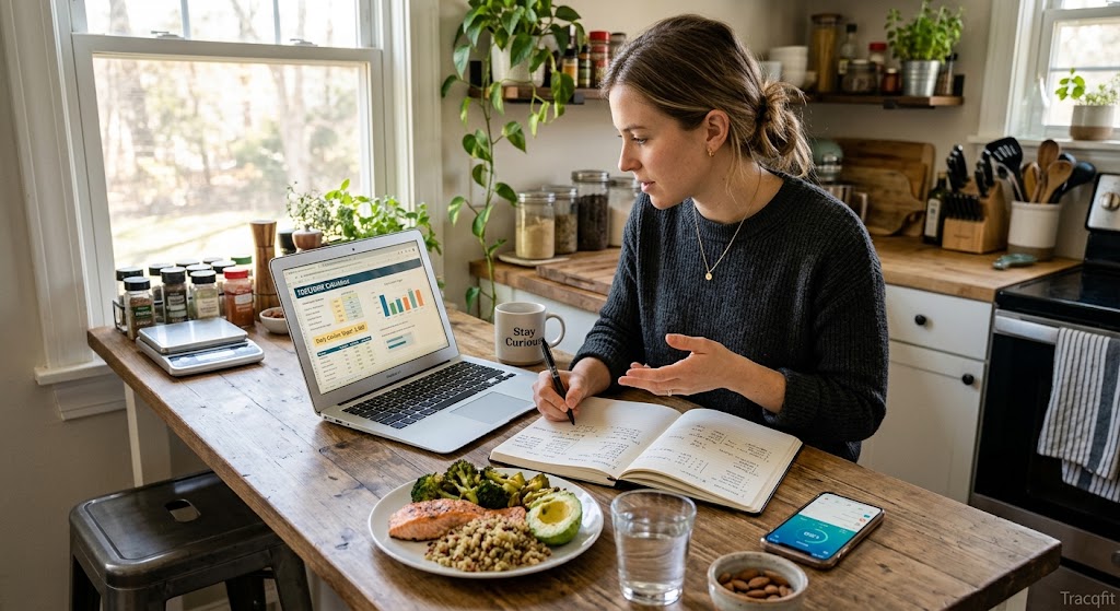 Food scale and notebook used to track daily calorie intake for weight loss